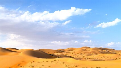 Golden sunlight illuminating rolling sand dunes sprawling across barren desert terrain, pale clouds drifting above expansive arid wilderness