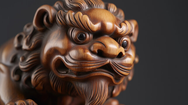 Detailed view of a netsuke carved as a lion dog guardian, fierce and regal.
