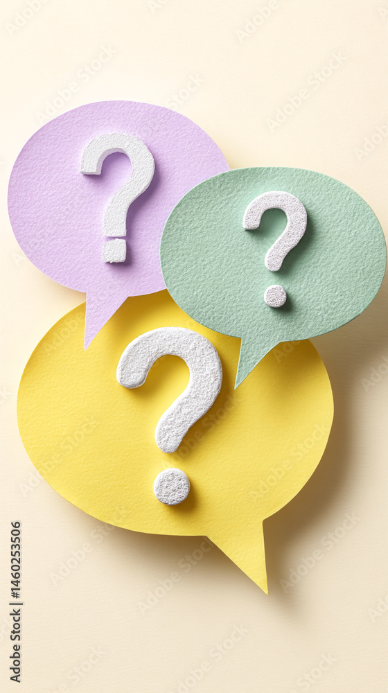 Poster Three pastel speech bubbles with textured white question marks symbolize inquiry, questions, and communication