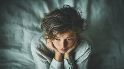 Woman Curled up on Bed Expressing Anxious Emotions in a Dimly Lit Room