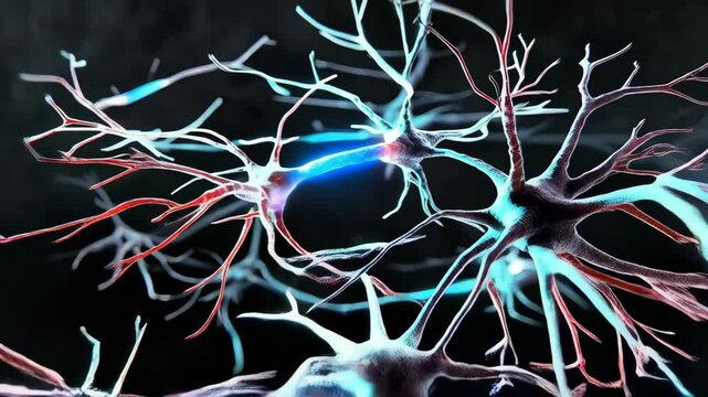 Close-up 3D render of a neuron transmitting signals with bright blue energy and a flash of inflammation at the synapse.