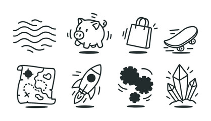Fototapeta premium Line style icons of animation: animating waves, bouncing piggy bank, floating shopping bag, rolling skateboard, animated treasure map, zooming rocket, animated gears, growing crystal.