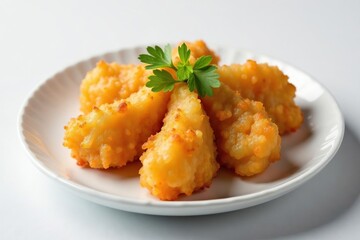 Tempura platter, white backdrop, artful arrangement , udon, light