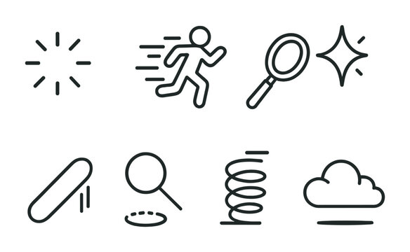 Fototapeta Line style icons of animation: animated loading circle, character with movement lines, zooming lens, animated sparkle, stretching object, animated shadow, bouncing spring, floating cloud.