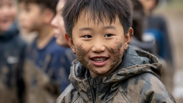 Cheerful Asian boy smiling with mud covered face and jacket standing outdoors with group of children during recreational activity