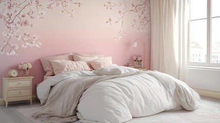 Interior design of a bedroom with delicate floral patterns.