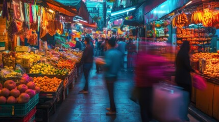 Obraz premium Busy market alleyway filled with vibrant colors and people.