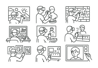 Line style icons of VR: VR landscape painting, VR character sculpting, VR graffiti wall, VR film editing room, VR animation track, VR music studio, virtual art gallery, VR avatar design.