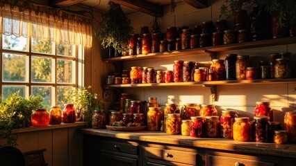 A cozy kitchen pantry features wooden shelves packed with neatly arranged jars of preserved fruits and vegetables. Sunlight filters in, illuminating the colorful contents and adding warmth to the rust