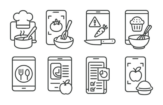 Line style icons of AR: AR cooking assistant, AR ingredient scanner, AR kitchen safety guide, AR baking guide, AR meal planner, AR nutrition facts, AR grocery list, AR food freshness scanner.