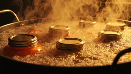 Several jars of preserved food are submerged in boiling water, releasing steam. The metal lids reflect light as the sterilization process ensures a secure seal for long-term storage.