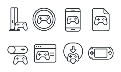 Line style icons of gaming platforms: console icon, PC gaming badge, mobile game tag, gaming app file, platform switchboard, gaming interface chart, game download bubble, gaming system symbol.