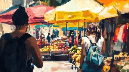 Colorful outdoor market scene with people browsing stalls.