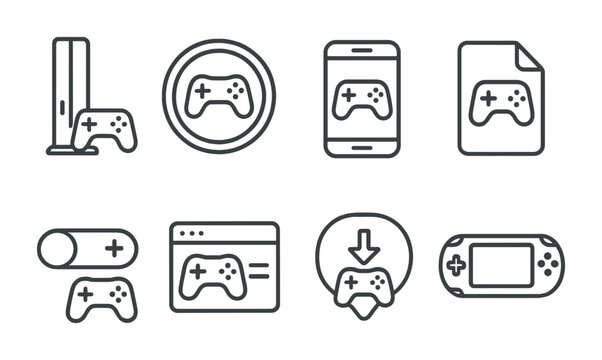 Line style icons of gaming platforms: console icon, PC gaming badge, mobile game tag, gaming app file, platform switchboard, gaming interface chart, game download bubble, gaming system symbol.