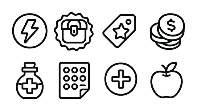 Line style icons of game items: power-up icon, loot box badge, special item tag, in-game currency file, health potion board, collectible chart, bonus item bubble, in-game goods symbol.
