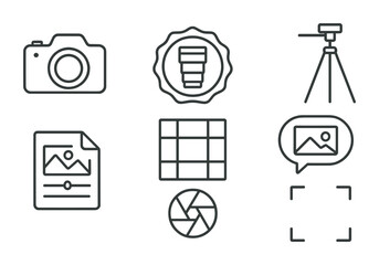 Line style icons of photography: camera icon, lens badge, tripod tag, photo editing file, shot composition board, shutter chart, photograph bubble, capture symbol.