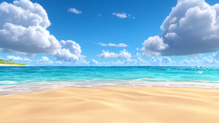 Fototapeta premium Cartoon beach scene shows bright sand meeting the turquoise ocean under a clear blue sky with fluffy clouds.