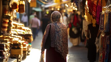 Obraz premium A bustling market scene with a woman walking by.
