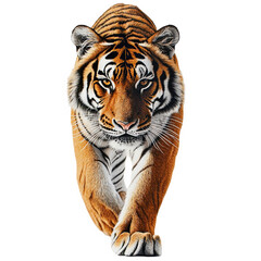 Fototapeta premium Majestic bengal tiger walking forward powerful wildcat orange fur stripes on transparent background