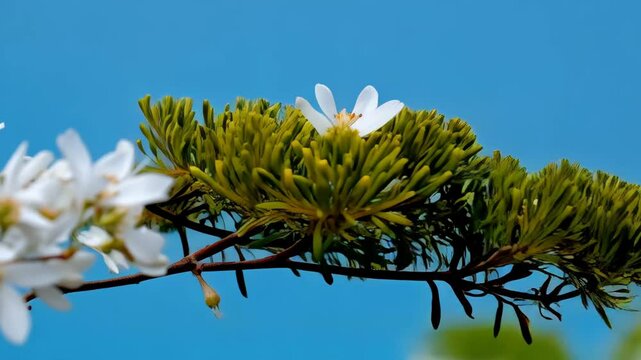 Close-up of a flowering serviceberry branch with white blossoms and green leaves against a soft blue sky backdrop providing a serene natural scene