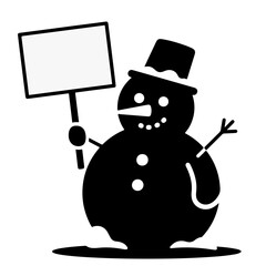 A friendly snowman holds a blank sign, ready for your message.  Simple black and white vector illustration, perfect for winter designs.