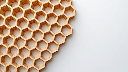 Top-down close up of an abstract honeycomb pattern in a light wood grain against a clean white background.
