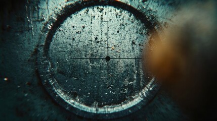 Rusty, weathered, circular, target sight.  Detailed close-up view of a distressed, aged, metal sight with a precise crosshair