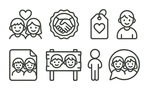 Line style icons of kids’ friendships: friendship icon, handshake badge, heart tag, playmate file, best friends board, buddy chart, sharing bubble, companionship symbol.