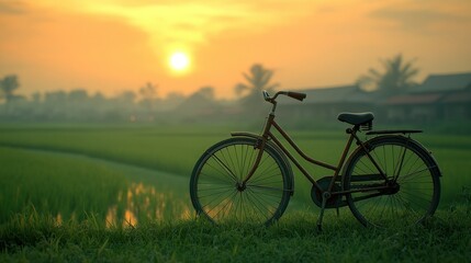 Obraz premium Rusty bike beside a paddy field at sunrise
