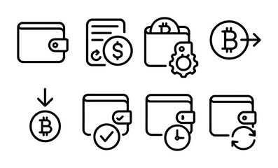 Line style icons of wallets: wallet transaction history, wallet balance overview, wallet settings gear, send crypto button, receive crypto icon, wallet transaction confirmation, pending transaction