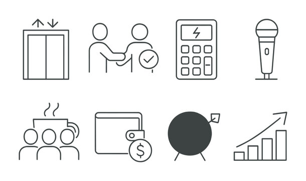 Line style icons of startups: elevator doors, first client icon, risk calculator, user validation, startup pitch microphone, coffee-fueled team, minimal budget icon, future goals arrow.