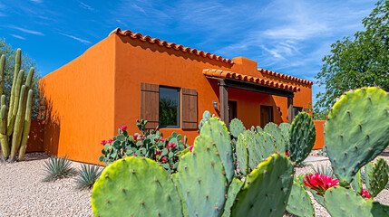 Orange house with a red tile roof is surrounded by desert plants under a sunny blue sky landscape.