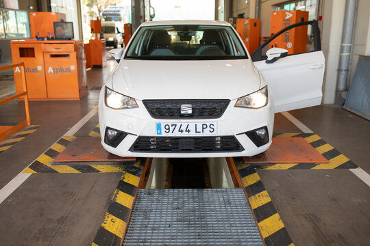 Gallur, Spain - 05 may, 2025: Technical inspection of the underbody car, engine, steering, etc., of a vehicle at the ITV centre in Gallur, Zaragoza