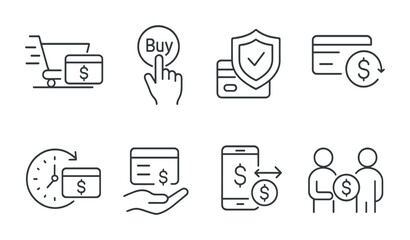 Line style icons of transactions: express checkout transaction, one-click purchase transaction, secure checkout badge, instant refund transaction, 24-hour payment settlement, payment on delivery,