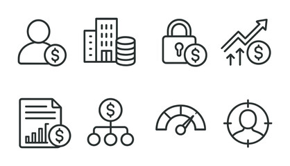 Fototapeta premium Line style icons of investments: private investor profile, hedge fund icon, secure investment lock, inflation-adjusted icon, investment document, funding flowchart, volatility meter, investor focus
