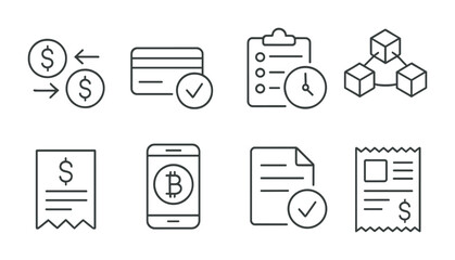 Line style icons of transactions: money transfer, payment confirmation, transaction history, blockchain transaction, bank transaction slip, crypto payment, transaction approval, digital receipt.