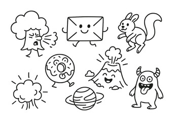 Line style icons of cartoons: sneezing tree, cartoon letter, hopping squirrel, spinning planet, smiling volcano, comic blast cloud, cartoon donut, silly monster.