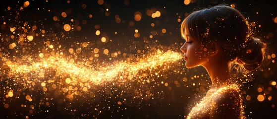 Woman's profile, exhaling golden sparkles, dark background. Magical, ethereal ambiance