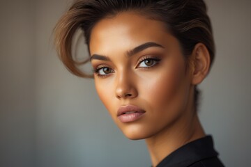 Naklejka premium Woman with brown hair and brown eyes, suitable for beauty product advertisements, fashion magazines, and lifestyle blog posts.