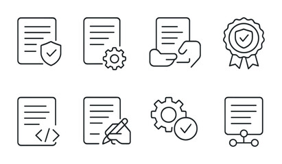 Line style icons of smart contracts: smart contract document, smart contract deployment, contract execution icon, verified contract badge, programmable contract icon, contract signing process,