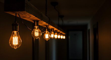 Hanging Edison Bulbs Illuminate Warm Interior Space with Rustic Wooden Fixture