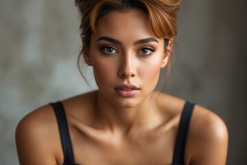 Fototapeta premium Woman with brown hair and brown eyes, suitable for beauty product advertisements, fashion magazines, and lifestyle blog posts.