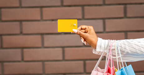 Modern payment for purchases. Female hand with shopping bags gives credit card to seller on brick...