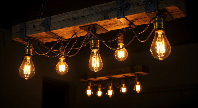 Rustic Light Fixture Featuring Vintage Edison Bulbs Suspended From Wooden Beam - Powered by Adobe