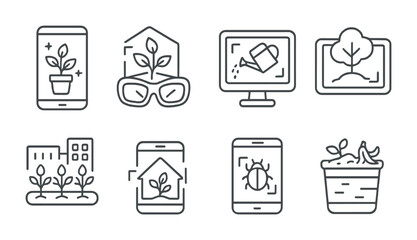 Line style icons of AR: AR gardening app, AR plant growth simulator, AR watering schedule, AR landscaping preview, AR urban farming guide, AR smart greenhouse, AR pest identification, AR composting