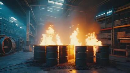 Industrial fire drill in warehouse, safety training, burning barrels