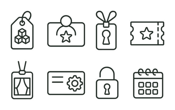 Line style icons of NFT: NFT utility tag, membership NFT, access pass icon, event entry token, backstage NFT, service access card, unlock feature icon, subscription NFT.