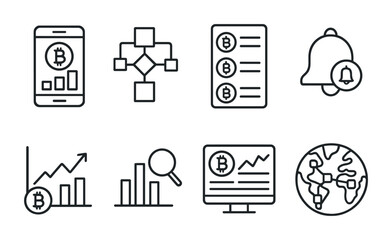 Line style icons of blockchain: crypto portfolio tracker, asset management app, token watchlist, price alert icon, crypto market trend, blockchain analysis chart, blockchain dashboard, real-time