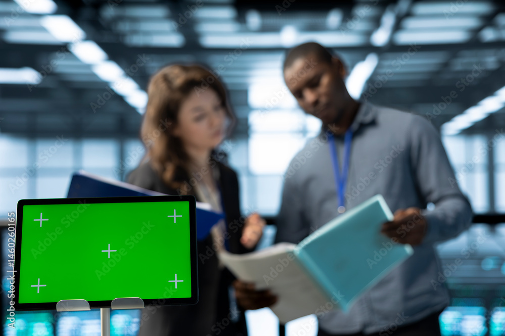 Poster focus on green screen tablet in data center with coworkers in blurry background employing deep learn