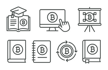 Line style icons of cryptocurrency: crypto education icon, learn crypto platform, crypto tutorial guide, blockchain basics class, cryptocurrency e-book, crypto masterclass, tokenomics explanation,